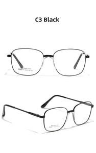 Macro detail of SA8617 black stainless steel square glasses frame with sizing specs