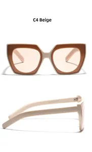Vista dettagliata degli occhiali da sole beige cat-eye con montatura premium e aste certificate CE