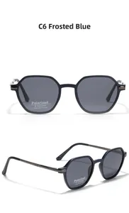 Detail view of matte blue TR90 polarized sunglasses with UV400 lenses and metal hinges