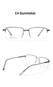 Detail view of rectangular semi-rimless stainless steel eyeglass frame in gunmetal grey