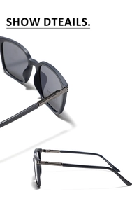 Detail view of TR90 polarized sunglasses with matte black frame and metal hinge design