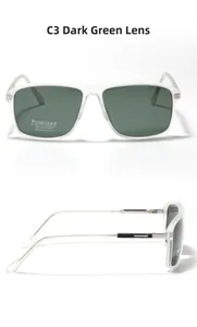 Detail of square polarized sunglasses with dark green lenses and transparent TR90 frame
