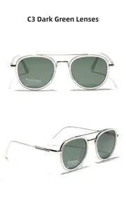 Close-up of retro silver aviator sunglasses with polarized dark green UV400 lenses