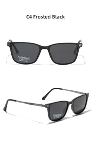 Detail of matte black TR90 sunglasses showing polarized UV400 lens and frame specs