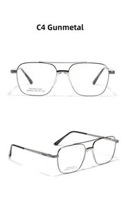 Detail view of gunmetal double bridge square glasses with stainless steel frames