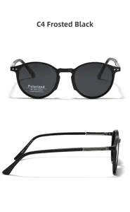 Detail of matte black TR90 polarized sunglasses showing UV400 label and side metal texture