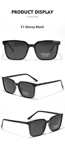 Detailed views of gloss black TR90 square polarized sunglasses showing UV400 protection