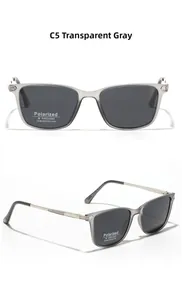 Detailed view of TR90 square sunglasses in transparent grey with polarized lenses