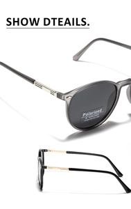 Détail macro de lunettes de soleil polarisées rondes en TR90 avec verres UV400 et monture
