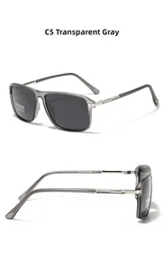 Detail view of transparent grey square polarized sunglasses with silver metal accents
