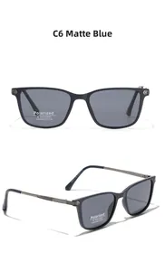 Detailed view of matte blue square sunglasses with UV400 polarized lenses and metal temples