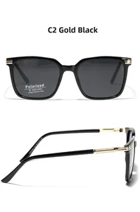 Detail view of square polarized sunglasses showing gold hollow temples and TR90 frame