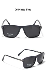 Detailed front and side views of matte blue Y2K square polarized sunglasses with UV400
