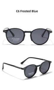 Detail view of TR7012 polarized round sunglasses with matte blue finish and metal accents