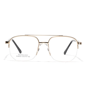 Classic gold semi-rimless square pilot eyeglasses frame with double bridge design