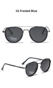 Macro view of matte blue TR90 frame sunglasses with polarized lenses and UV400 detail
