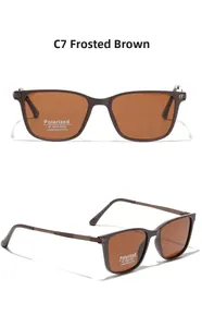 Detail of matte tea polarized sunglasses showing UV400 lens and engraved metal hinge