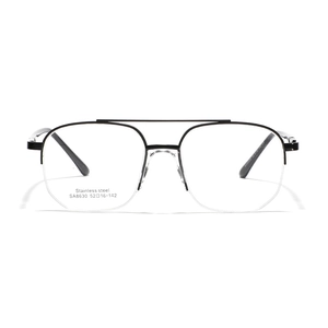 Classic black stainless steel semi-rimless square glasses frame with double bridge design