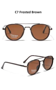 Detailed views of polarized round sunglasses with matte tea lenses and double metal bridges