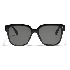 Classic black square sunglasses with silver lightning rivet accents and gray lenses
