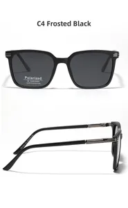 Polarized TR90 sunglasses detail showing matte black frame and UV400 lens sticker