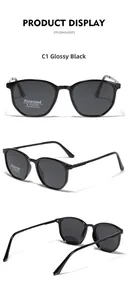 Detail view of glossy black TR90 polarized sunglasses showing UV400 labels and hinge