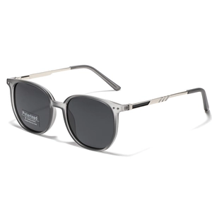Classic square polarized sunglasses with grey translucent frame and silver metal temples