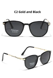 Detail view of round polarized sunglasses with gold metal temples and TR90 frame