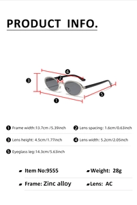 Detaillierte Größenangaben für die ovale Y2K-Sonnenbrille mit gehämmertem Metallgestell
