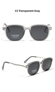 Détail de lunettes de soleil TR90 gris transparent avec branches en métal et verres polarisés