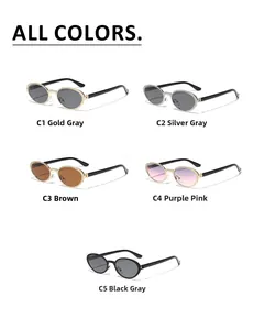 Fünf verschiedene Farben der ovalen Y2K-Sonnenbrille mit Metallstruktur im Produktset