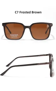 Detail view of matte tea square polarized sunglasses with TR90 frames and metal decor
