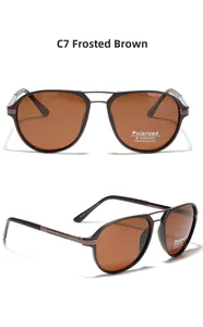Macro detail of matte tea polarized sunglasses with TR90 aviator frame and spec markings