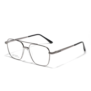 Classic double-bridge square metal frame glasses in gunmetal grey with black temple tips