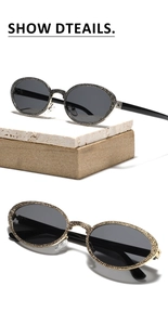 Detail der gehämmerten ovalen Metallsonnenbrille mit Strass-Inlay und Vintage-Y2K-Stil