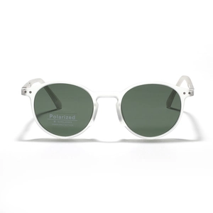 Retro TR90 round polarized sunglasses with matte gray frame and UV400 green lenses
