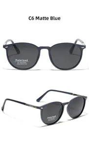 Vue détaillée des lunettes de soleil rondes polarisées avec monture TR90 bleu mat et métal