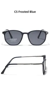 Detail view of matte blue TR90 polarized sunglasses showing inner temple R7020 model info
