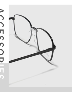 Close-up of black metal square glasses frame showing hinge detail and nose pads