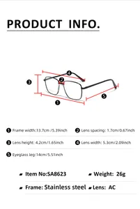 Size chart detail for oversized metal frame glasses showing precise lens dimensions