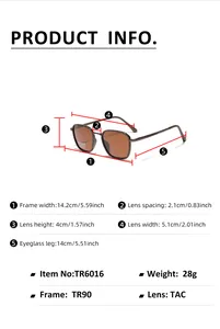 Detailed size chart for vintage square sunglasses showing TR90 frame and TAC lens dimensions