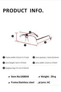 Detailed size guide with frame width and dimensions for stainless steel semi-rimless glasses