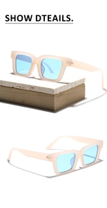 Macro view of retro square sunglasses with beige frames and light blue resin lenses