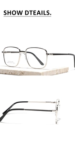 Detailed side and front view of square stainless steel glasses frames in black and silver