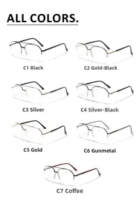 Matrix display of half-rim aviator frames in black, gold, silver, and gunmetal finishes