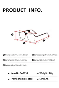 Size chart showing frames width 14.1cm and lens height 4.7cm for stainless steel glasses
