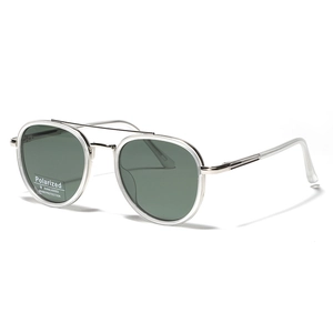 Retro double-bridge sunglasses with silver metal frame and green polarized UV400 lenses
