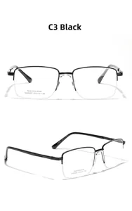 Detailansichten der schwarzen Halbrand-Metallbrille mit Edelstahl-Rahmenspezifikationen