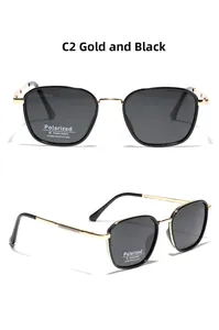 Macro view of polarized lenses and TR90 black gold frame detail of retro square sunglasses