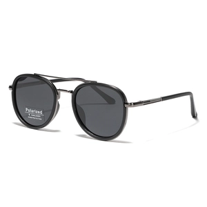 Vintage round polarized sunglasses with gunmetal double bridge and black TR90 frame